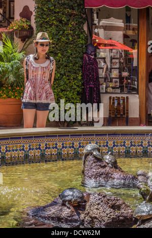 Une vingtaine d'Asie quelque chose portant un chapeau et des lunettes de fedora se distingue par une tortue piscine à Santa Barbara, Californie. Banque D'Images