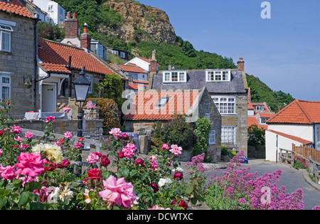 Gîtes traditionnels en pierre avec toit de tuiles rouges à Runswick Bay, Rose Garden en premier plan, North Yorkshire Angleterre UK Banque D'Images