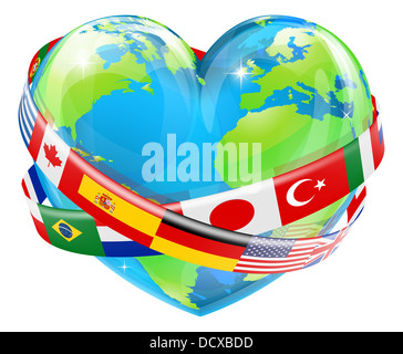 Une illustration d'un monde en forme de coeur globe terrestre avec les drapeaux de nombreux pays différents volant autour d'elle. Banque D'Images