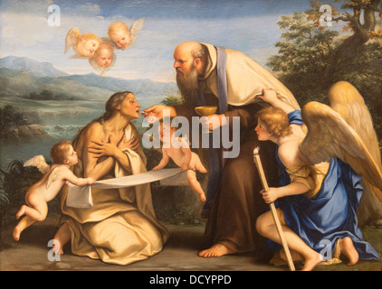 La Dernière Communion de Saint Marie d'Egypte - Marcantonio Franceschini (1680) Huile sur cuivre Banque D'Images