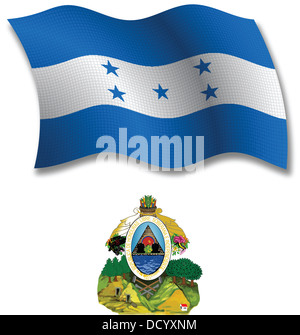 Honduras shadowed ondulées texturé drapeau et d'armoiries à l'arrière-plan blanc, vector art illustration Banque D'Images