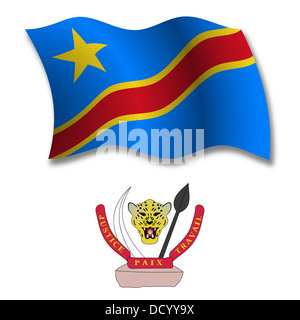 Congo shadowed ondulées texturé drapeau et d'armoiries à l'arrière-plan blanc, vector art illustration Banque D'Images