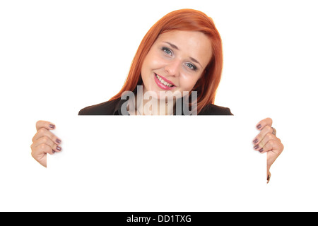 Portrait d'une belle jeune femme holding up copy space Banque D'Images