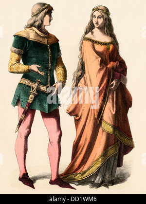 Chevalier allemand et une dame, années 1300. Impression couleur à la main Banque D'Images