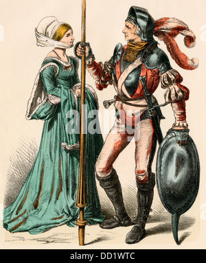 Femme allemande et un homme portant les armes de la début des années 1500. Impression couleur à la main Banque D'Images