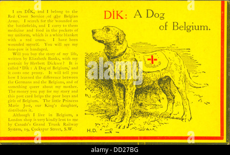 Carte postale de la Première Guerre mondiale : Dik publicité un chien de Belgique par Elizabeth Banks vendus pour le Fonds de Noël Belge des Auteurs Banque D'Images