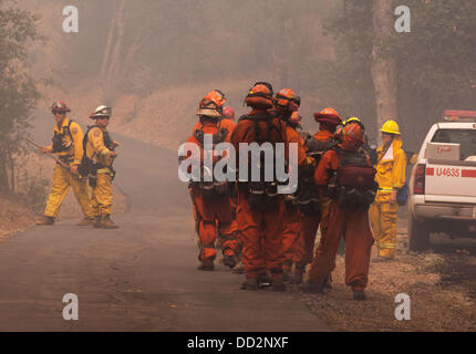 Buck Meadows, CA, USA. Août 23, 2013. Une main de feu Cal attend l'équipage le long d'une route pour se rendre à travailler sur la lutte contre la jante feu près de Pine Mountain Lake, en Californie. La Rim Fire dans la Forêt Nationale Stanislaus le long de la route 120 continue de croître. Selon le US Forest Service en date du vendredi 23 août 2013 après-midi, le feu a augmenté de 125 620 acres avec seulement 5  % avec plus d'évacuations à Tuolumne City, CA et dans les environs le long de la route 108 corridor. Le feu continue de se propager dans plusieurs directions, y compris vers le Parc National Yosemite. Credit : Marty Bicek/ZUMAPRESS.com/Alamy vivre Banque D'Images