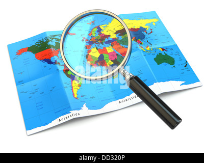 Trouvez des lieux. Loupe et mapof le monde. 3d Banque D'Images