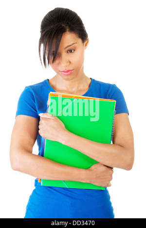 Femme étudiant avec la dépression, isolated on white Banque D'Images