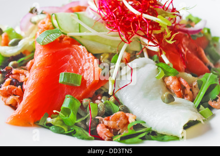 Salade avec du poisson rouge et blanc, les crevettes et les herbes Banque D'Images