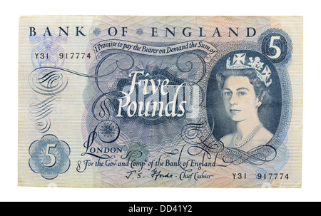 Cinq vieux Anglais Pound note Banque D'Images