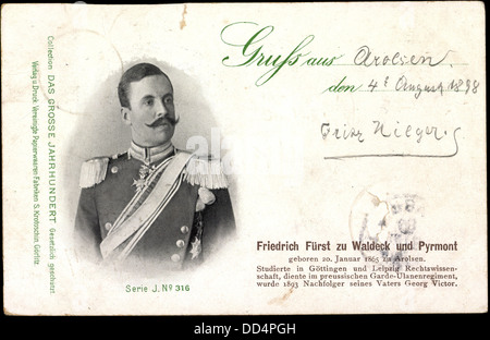 Ak Friedrich Fürst zu Waldeck und Pyrmont, 20 janvier 1865 geboren à Arolsen ; Banque D'Images