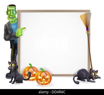 Signe ou la bannière d'Halloween avec des citrouilles d'Halloween orange et noir, les chats de la sorcière witch's broom stick et cartoon Frankenstein Banque D'Images