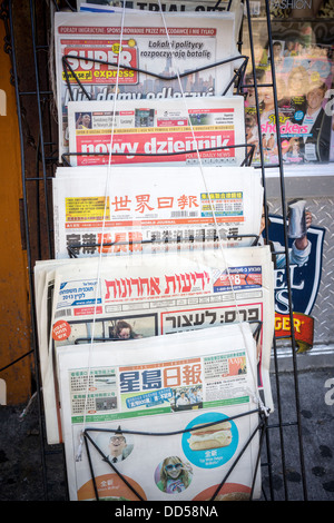 Une collection de journaux ethniques affichée à un kiosque à journaux, à New York, le samedi, 24 août 2013. (© Richard B. Levine) Banque D'Images