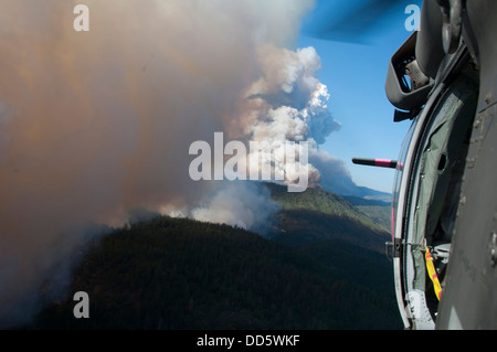 Le Sgt. Chris Boni, chef d'équipage, 1-140ème bataillon de l'Aviation (Air Assault), la Garde nationale de Californie Los Alamitos ; la formation commune de base (JFTB), rim fire,le Parc National Yosemite. 14E Wildfire, Californie, UH-60 Black Hawk, les équipages, Bureau de l'U.S. Banque D'Images