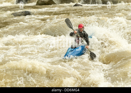 Un kayakiste dans un kayak bleu et un casque rouge pagaie à travers des rapides boueux d'eau vive. La personne porte un costume imperméable noir et utilise activement une palette à double lame pour manœuvrer Banque D'Images