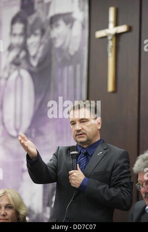 Gdansk, Pologne 28th, août 2013 président du syndicat Solidarité Piotr Duda (photo) prend part à la Solidarité Union Congress dans le chantier naval de Gdansk en BHP historique hall. Credit : Michal Fludra/Alamy Live News Banque D'Images