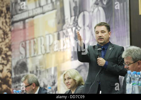 Gdansk, Pologne 28th, août 2013 président du syndicat Solidarité Piotr Duda (photo) prend part à la Solidarité Union Congress dans le chantier naval de Gdansk en BHP historique hall. Credit : Michal Fludra/Alamy Live News Banque D'Images