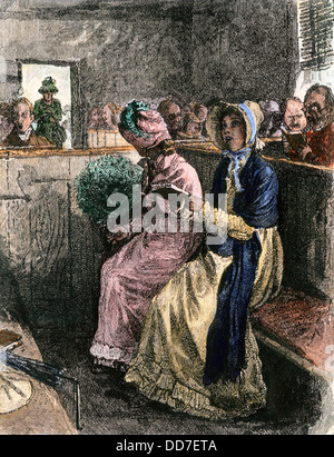 Deux dames dans une église pew chanter des hymnes, des années 1800. À la main, gravure sur bois Banque D'Images