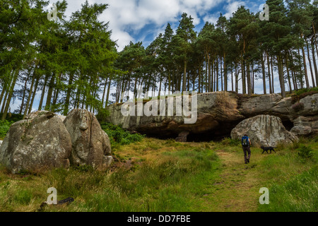 Walker en tenant dans l'histoire de St Cuthbert's Cave près de Belford et Holy Island Banque D'Images