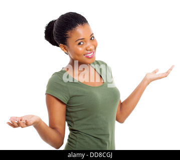 Pretty African American Woman with open arms against white background Banque D'Images