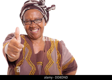 Mature femme africaine avec sourire heureux giving Thumbs up on white background Banque D'Images