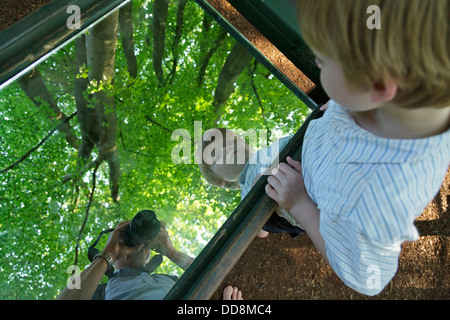 Jeune garçon regarder les arbres dans un miroir à Barefoot Park Egestorf, Basse-Saxe, Allemagne Banque D'Images