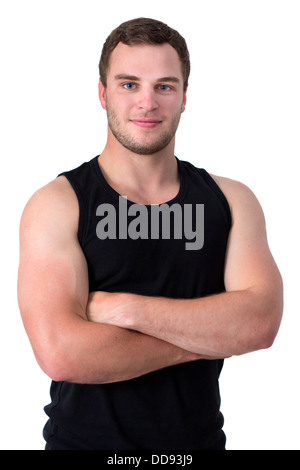 Les jeunes sport homme noir en haut du réservoir de l'appareil photo en souriant Banque D'Images