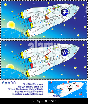 Puzzle visuel : trouver les 10 différences entre les deux photos - Espace, rocket, la terre et les étoiles. Réponse inclus. Banque D'Images