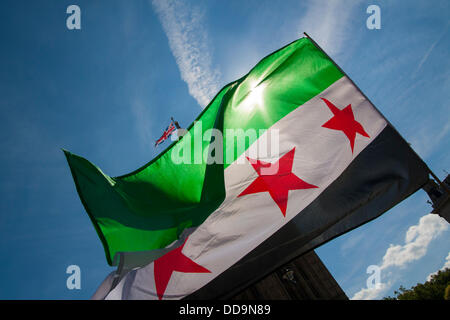 Londres, Royaume-Uni. Août 29, 2013. Un drapeau syrien et britanniques mettent en lumière le dilemme auquel sont confrontés les parlementaires de débattre une éventuelle intervention en Syrie comme Syriens basé au Royaume-Uni, l'action de la demande au cours d'une manifestation contre le régime Assad pour des attaques aux armes chimiques contre des civils. Crédit : Paul Davey/Alamy Live News Banque D'Images