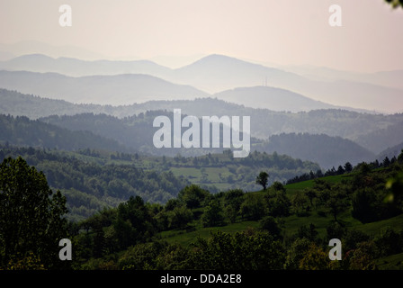 Paysage de montagne boisée avec les pics qui disparaissent dans la brume au loin. Banque D'Images