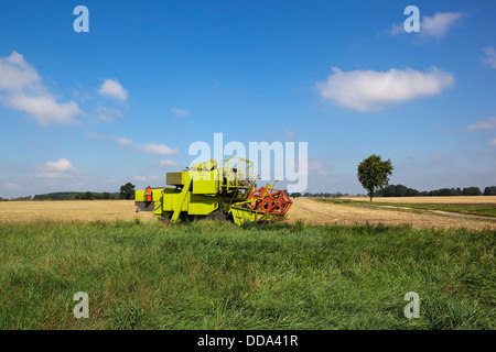 Une petite machine verte sur le bord d'un champ de chaume à la fin de l'été sous un ciel bleu Banque D'Images