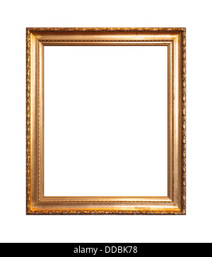 Cadre en bois vide peint avec peinture or isolated on white Banque D'Images