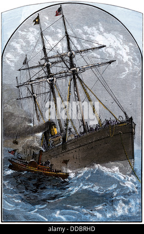 Bateau dans un courrier à livrer gale la White Star Lines germanique vapeur au large de Sandy Hook, NEW JERSEY, en un coup de vent, 1870. À la main, gravure sur bois Banque D'Images