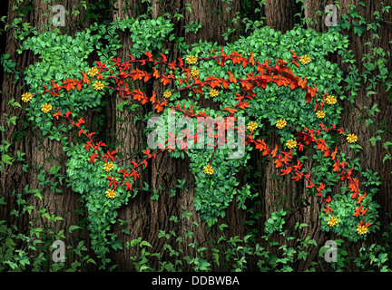 Les connexions de masse et les communications mondiales d'entreprise avec un groupe de vignes rouges en forme d'un réseau connecté de plus en plus d'un livre vert vigne dans la forme de la carte du monde attaché à un arbre de la forêt. Banque D'Images