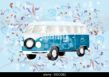 Illustration d'un van avec tourbillons colorés rétro Banque D'Images