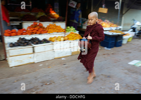 Myanmar (Birmanie), l'État Môn, Mawlamyine (Moulmein), des moines bouddhistes procession recevoir des offrandes Banque D'Images