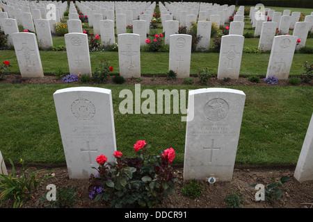 Pierres tombales au cimetière Biritish Bayeux, France. Roses avaient tendance entre les tombes. Banque D'Images