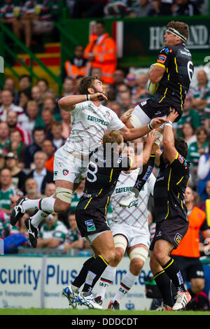 LEICESTER, UK - Samedi 31 août 2013. Leicester et Ulster les joueurs s'affrontent sur une ligne. L'action de l'avant-saison friendly entre Leicester Tigers et Ulster joué à Welford Road, Leicester. Credit : Graham Wilson/Alamy Live News Banque D'Images
