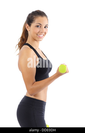 Belle femme fitness avec haltères Poids isolé sur fond blanc Banque D'Images