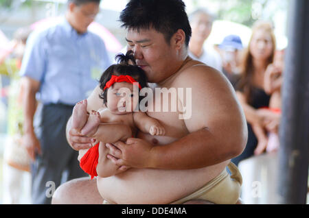 Les lutteurs et Les bébés prendre part à un événement de sumo à Matsuo Taisha à Kyoto, au Japon. Banque D'Images