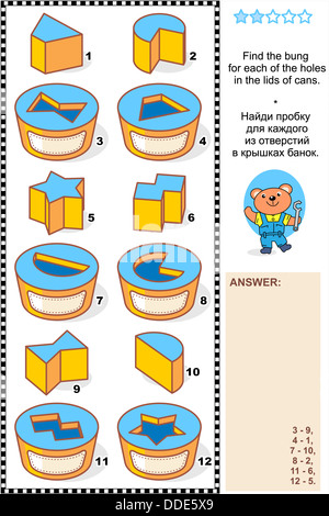 Mathématiques mécanique visuelle ou puzzle (convient à la fois pour les enfants et adultes) : Trouver la bonde pour chacun des trous dans le couvercle des boîtes de conserve. Banque D'Images