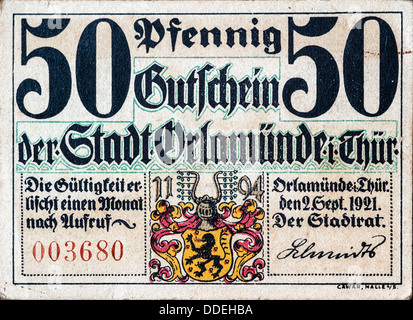 Allemand 50 pfennigs / Notgeld billet de l'argent d'urgence à partir de 1921, suite à la Première Guerre mondiale, un en Allemagne Banque D'Images