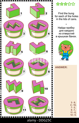 Mathématiques mécanique visuelle ou puzzle (convient à la fois pour les enfants et adultes) : Trouver la bonde pour chacun des trous dans le couvercle des boîtes de conserve. Banque D'Images