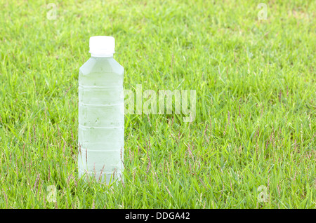 Bouteilles d'eau en plastique cool, désaltérante. Arrière-plan de l'herbe Banque D'Images
