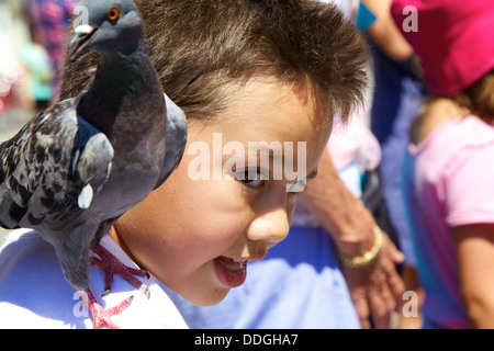 Boy feeding pigeons en plein air sur la place San Marco, Venise Italie
