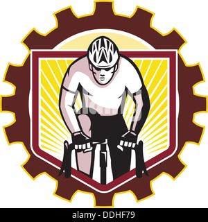 Illustration d'un cycliste, équitation, vélo vélo de course vue avant fait dans le style rétro situé à l'intérieur du pignon pignon isolé sur cog Banque D'Images