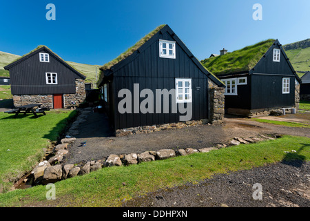 Maisons, noir, avec blanc goudronné, cadres de fenêtres en bois, style des îles Féroé traditionnels sur une base de pierre avec un toit de chaume Banque D'Images