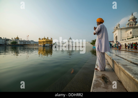 Un dévot Sikh prière à la sainte extérieure de l'Harmandir Sahib ou temple d'Or, un temple Sikh saint Banque D'Images