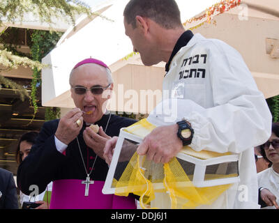 Jérusalem, Israël. 06Th Sep 2013. Mgr Giuseppe LAZZAROTTO, ambassadeur du Vatican en Israël, des goûts de miel produit israélien lors d'une réception pour le Nouvel An juif organisé par Peres à la résidence des présidents. Jérusalem, Israël. 3-Septembre-2013. Président de l'état d'Israël, Shimon Peres, a organisé une réception et soulevé un toast au Nouvel An juif avec les ambassadeurs étrangers en Israël. Peres a prononcé un discours sur le conflit en Syrie, les négociations de paix et d'autres questions. Credit : Alon Nir/Alamy Live News Banque D'Images